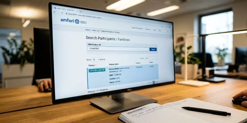 Verifying factory DBID on the official amfori database computer screen