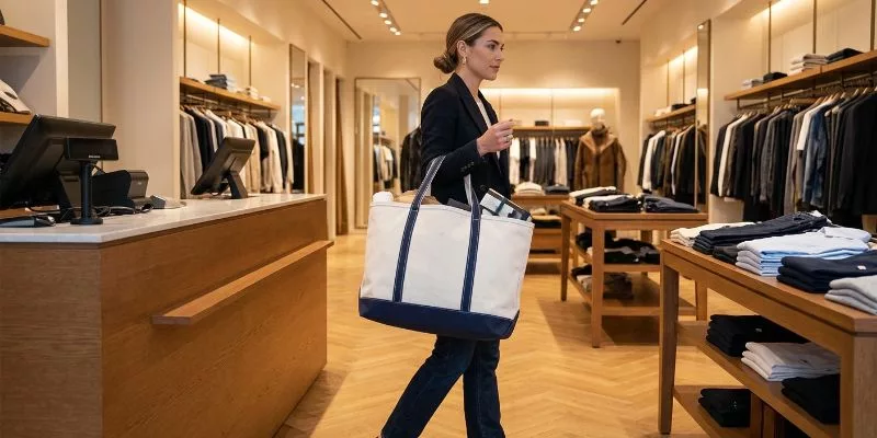 A stylish customer confidently carrying a fully loaded, durable custom canvas tote bag inside a premium retail clothing store.