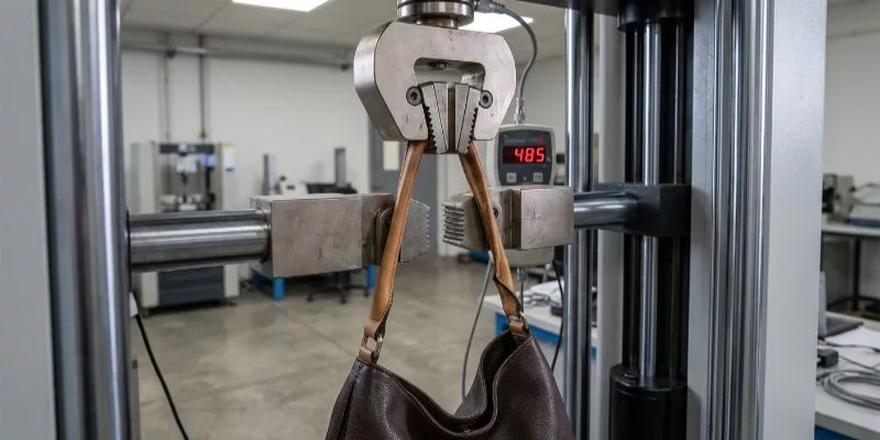  An industrial pull testing machine gripping and stretching the leather handle of a handbag.