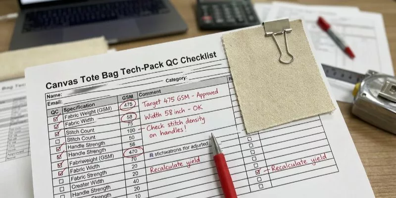 Quality control tech-pack checklist for canvas tote production with attached fabric swatch and handwritten notes