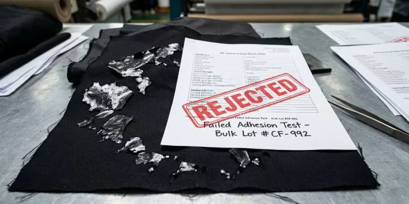 Rejected counterfeit nylon fabric with peeling PU coating and failed Technical Data Sheet