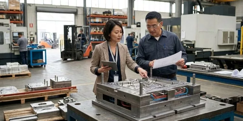 A procurement manager and a lead engineer inspecting a finished EVA mold on the factory floor.