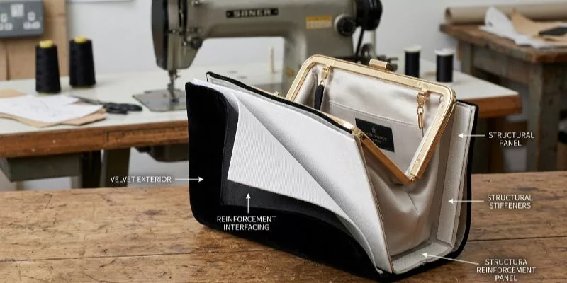 Internal bag construction showing reinforcement interfacing for structural integrity