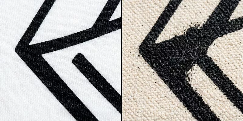 Macro comparison of screen printing quality on organic cotton versus recycled canvas