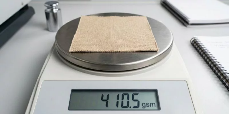 A 10x10cm canvas swatch being weighed on a digital scale showing the exact GSM.