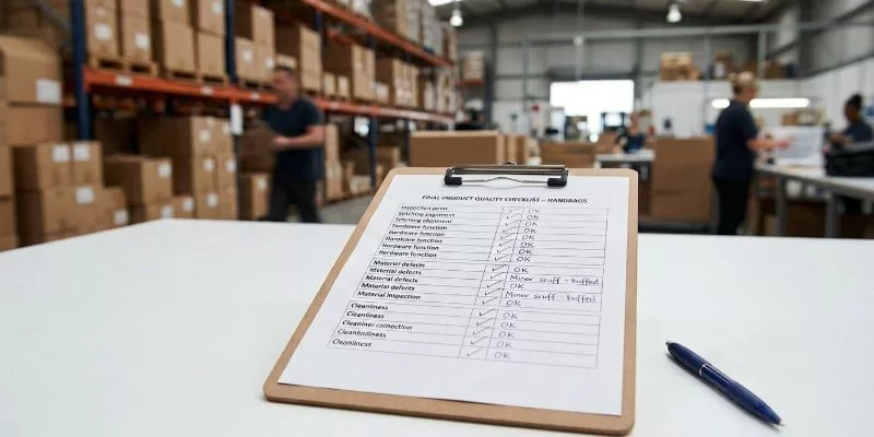 A printed quality control checklist on a clipboard with handwritten checkmarks, against a blurry warehouse background.