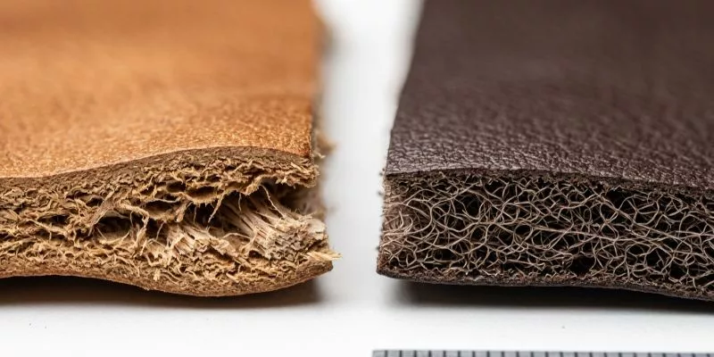 Macro comparison of the cut edge between genuine leather and microfiber synthetic leather