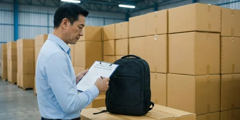 Quality manager checking finished backpack inventory with AQL 2.5 inspection clipboard
