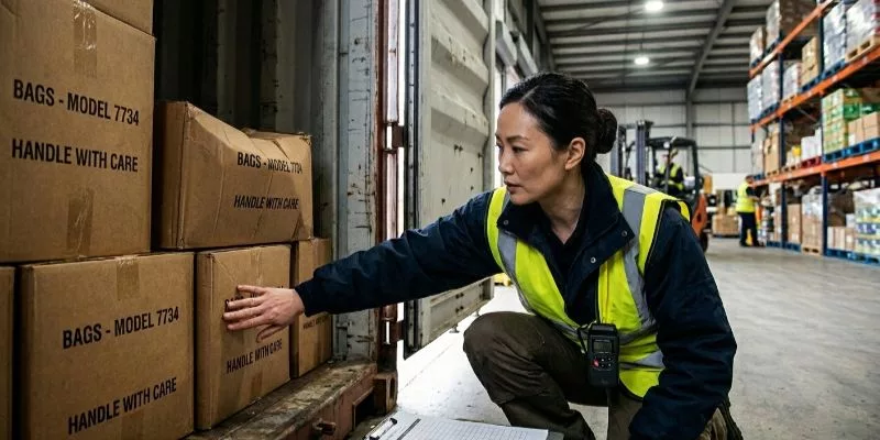 QC inspector checking bag cartons for moisture during post-shipment arrival audit