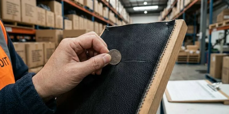 Inspector holding a landed-cost audit clipboard in a bag warehouse.