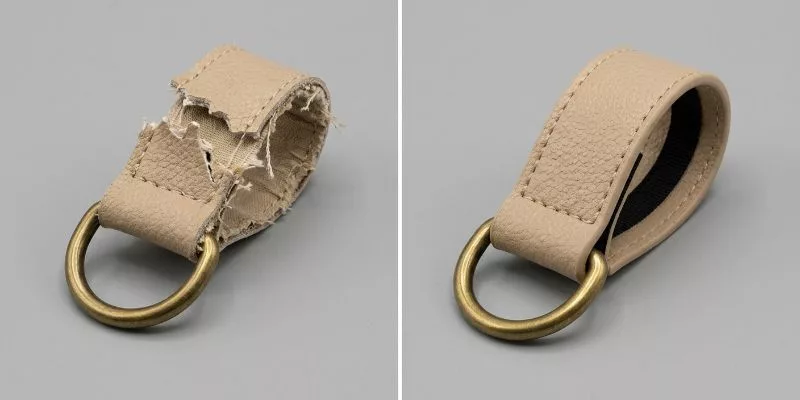 Side-by-side comparison of torn unbacked leather vs. intact nylon-reinforced leather.