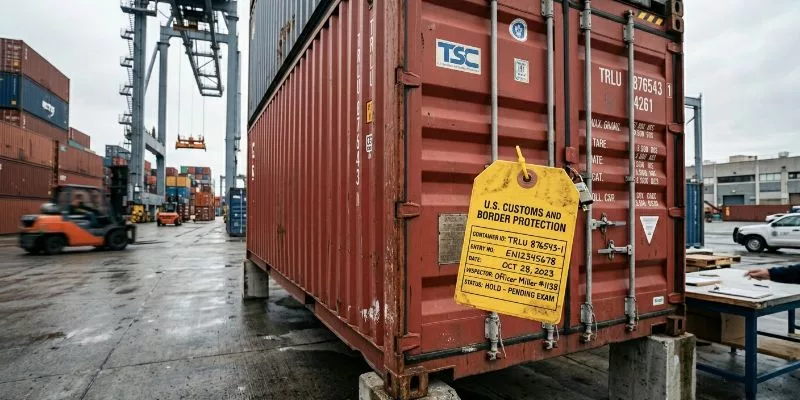 Shipping container at a port under customs inspection hold.