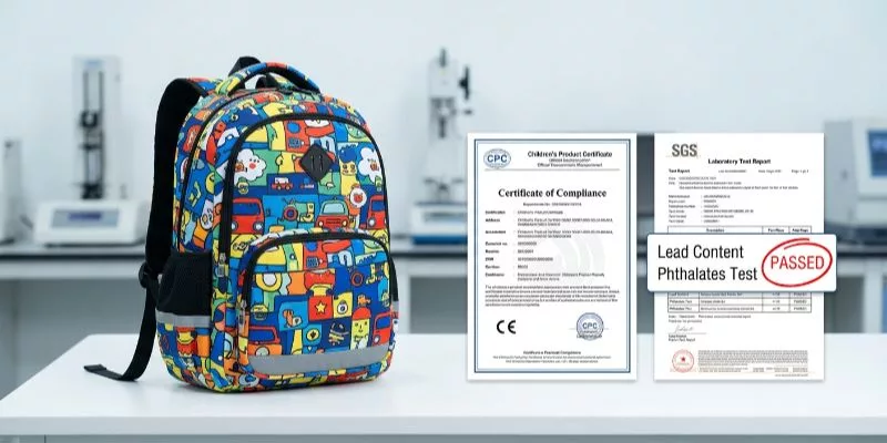 Children's Product Certificate and lab test report next to a kids school backpack