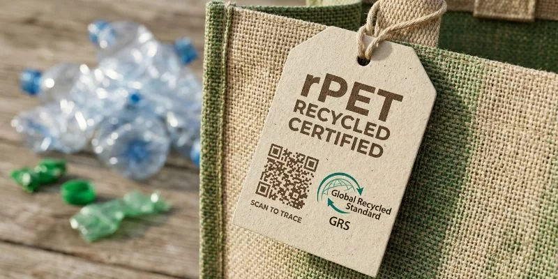 Recycled rPET bag tag with a traceability QR code and GRS logo next to crushed plastic bottles.