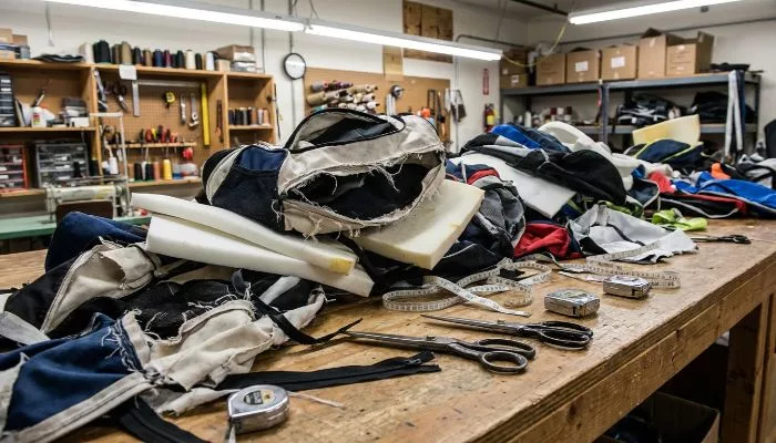 A Messy Workbench Showing Several Failed Athletic Bags Completely Dismantled with Scissors