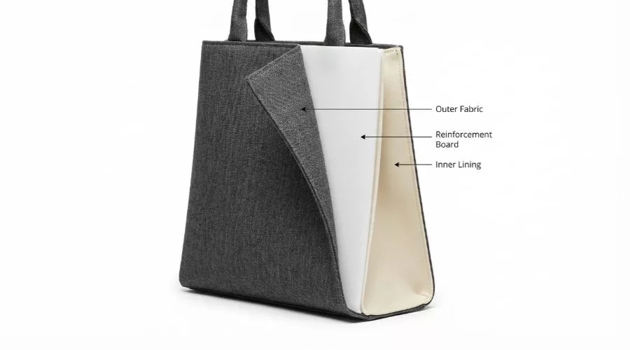 Cross-Section View Of A Handbag Showing Outer Shell, Internal Reinforcement, And Lining