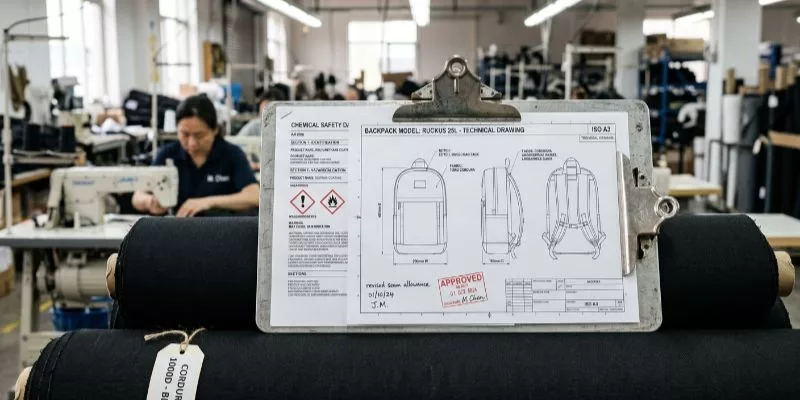 Detailed backpack CAD blueprint and chemical safety data sheet on a clipboard in a factory setting.