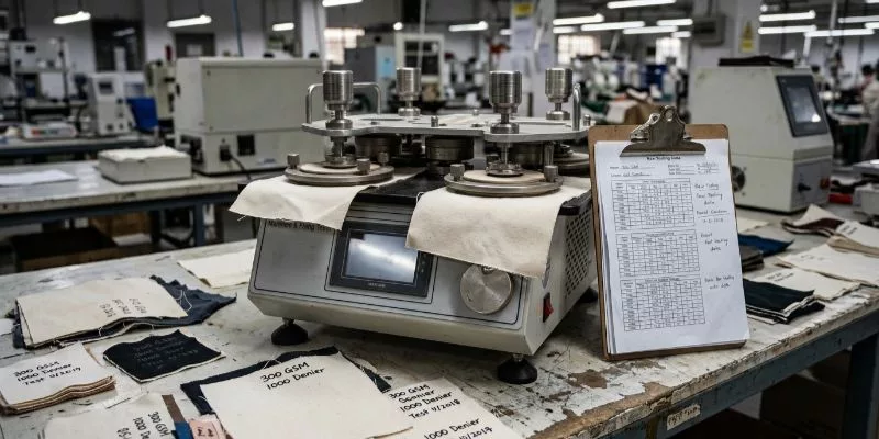 Factory quality assurance lab equipment running ASTM and ISO material validation tests on raw tote bag fabrics