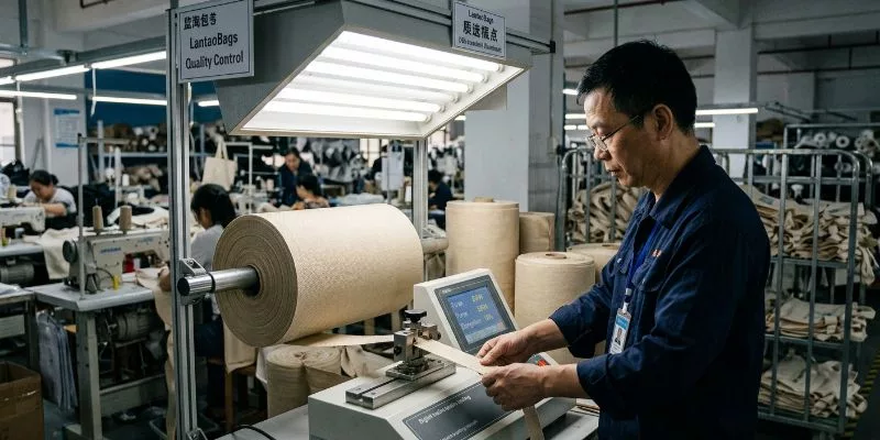 Inspector Wang performing a tensile test on incoming rPET tote fabric rolls under D65 lighting on the LantaoBags factory floor.
