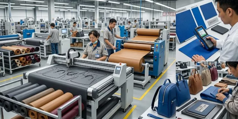 Engineer testing the reinforced handles of a completed microfiber leather travel bag