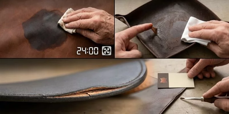 A hand holding a microfiber cloth, applying a small, controlled amount of leather cleaner spray onto the cloth to demonstrate proper moisture control.