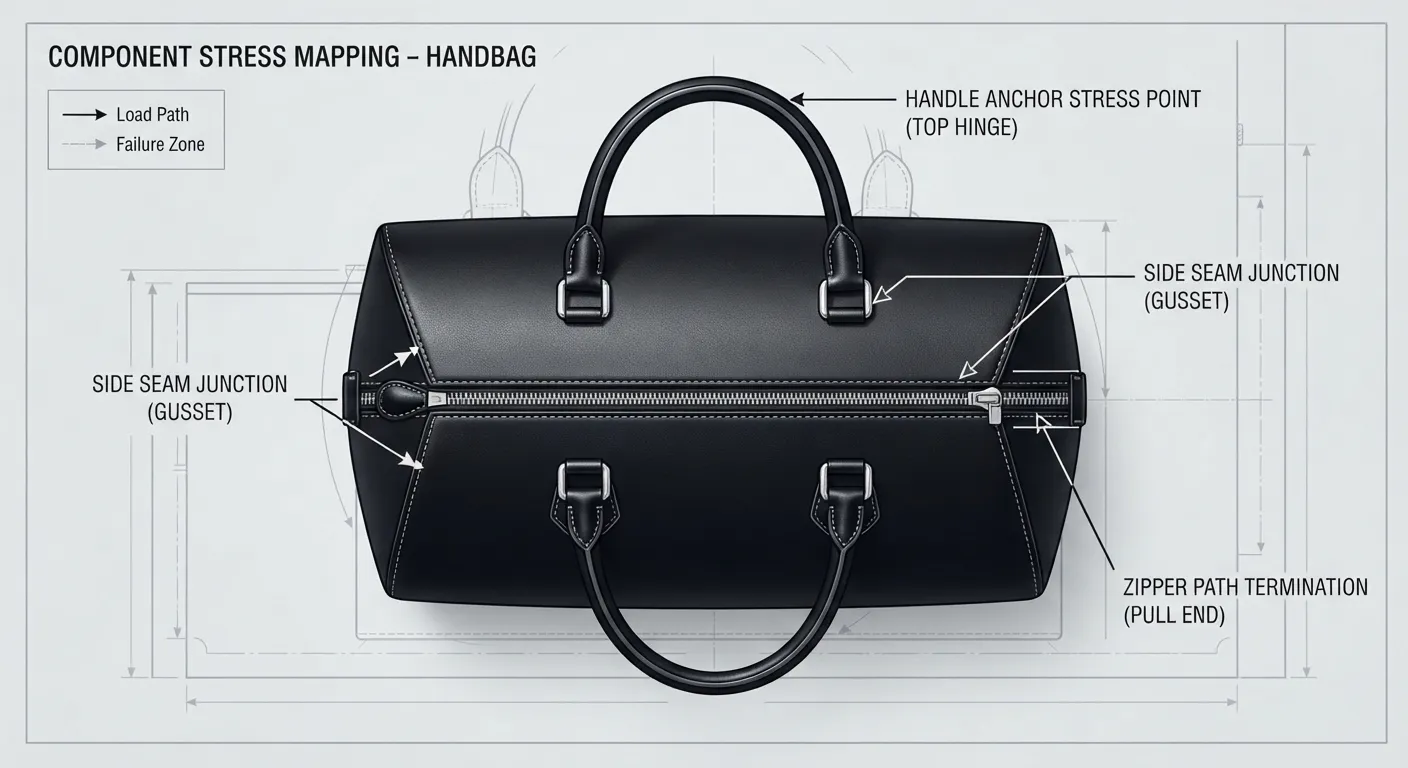 Component failure zone mapping diagram for ASTM handbag testing