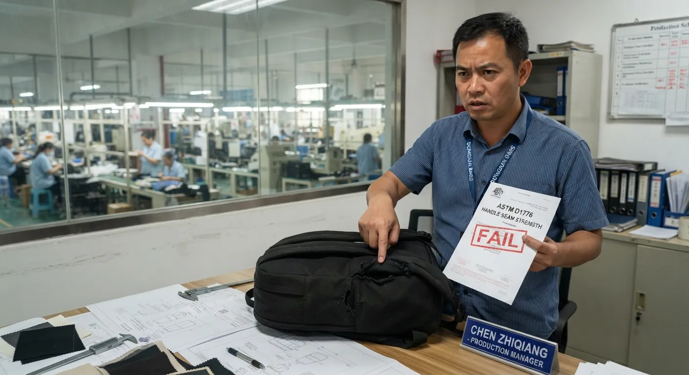 Manager Chen troubleshooting a failed backpack seam blowout alongside an ASTM test report in a Shenzhen factory office