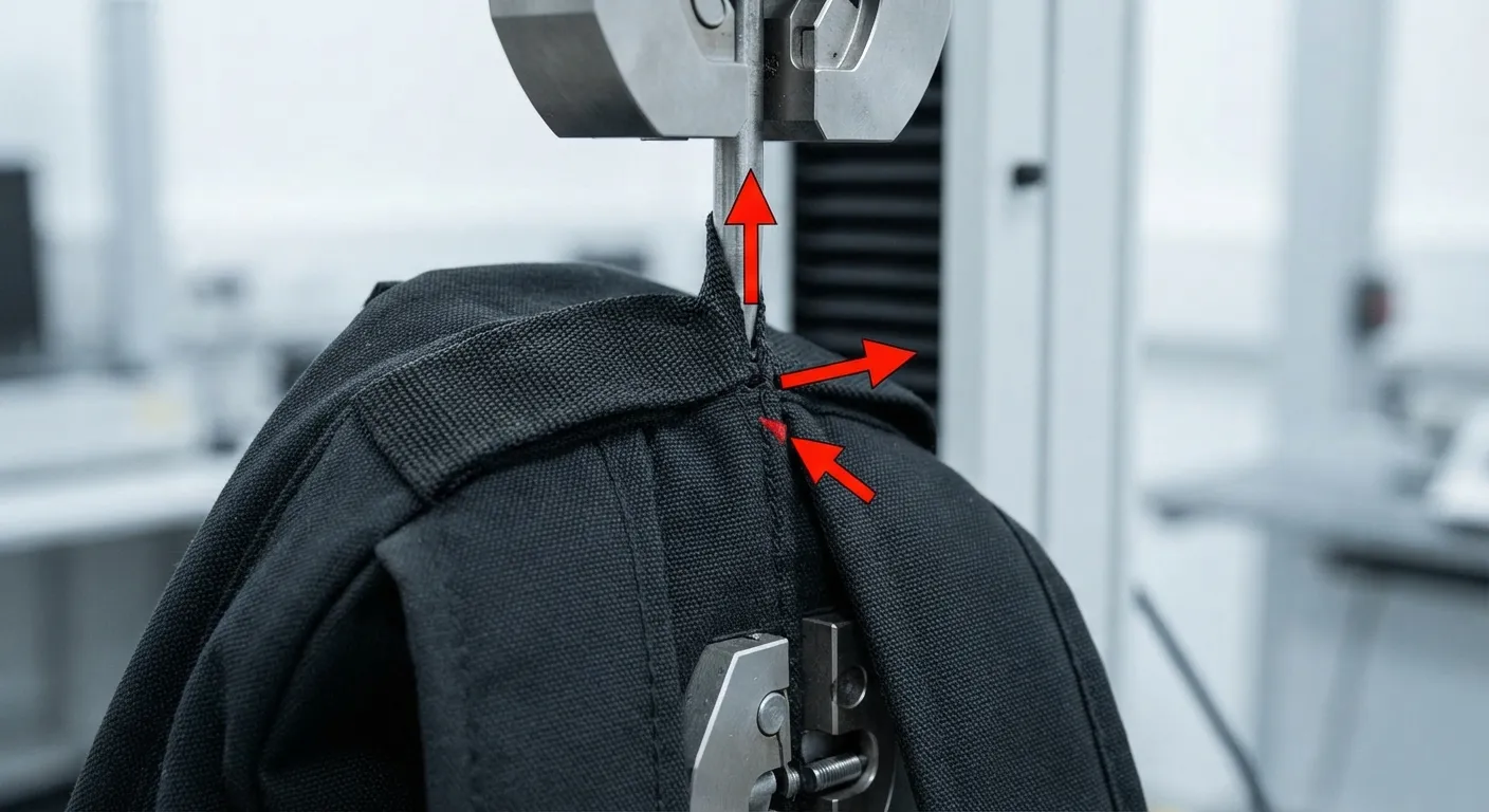 Tensile testing machine pulling a sewn bag seam to measure construction strength