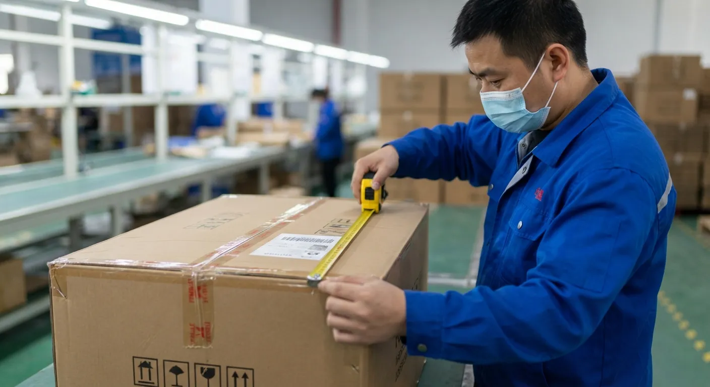 QC worker measuring a shipping carton with a tape measure on the factory floor