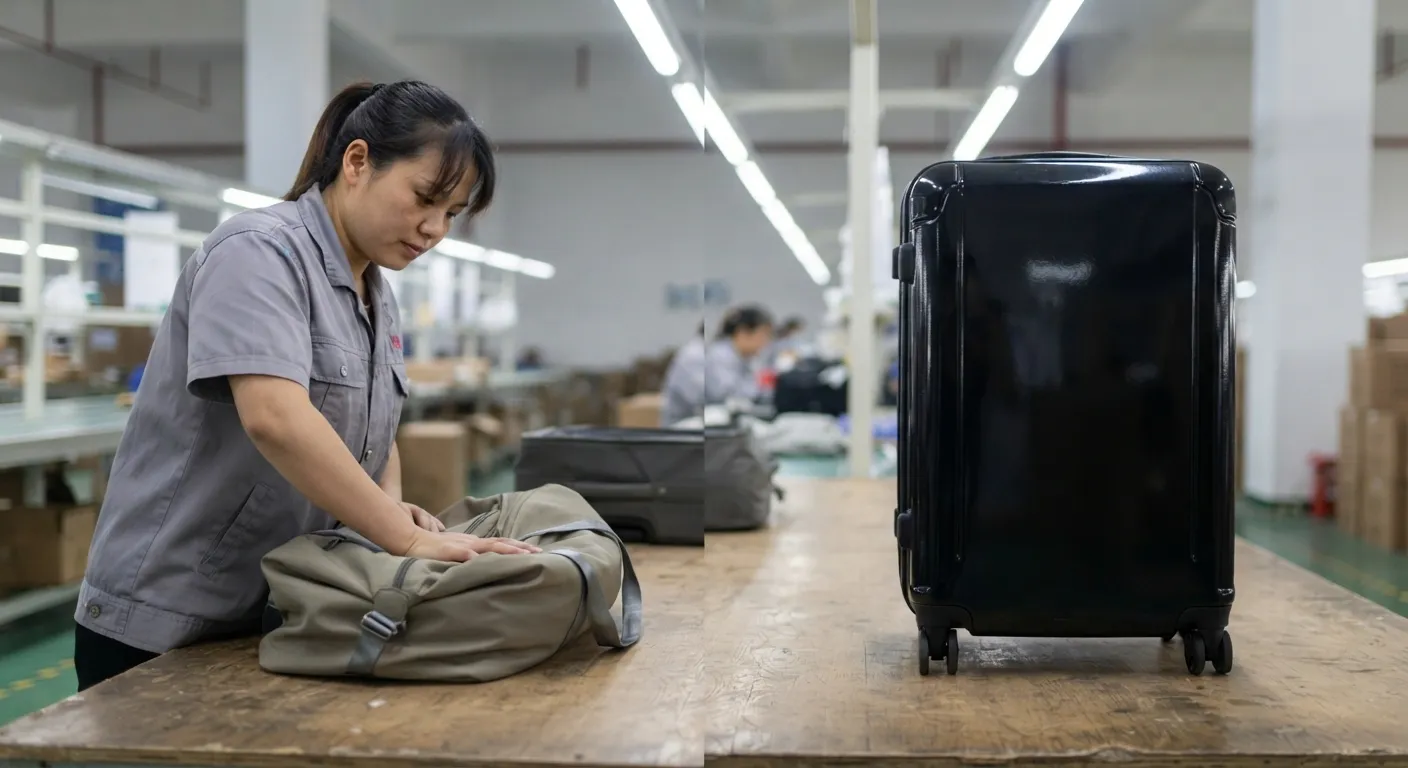 Soft bags compressed flat on a table beside a rigid hard-shell suitcase