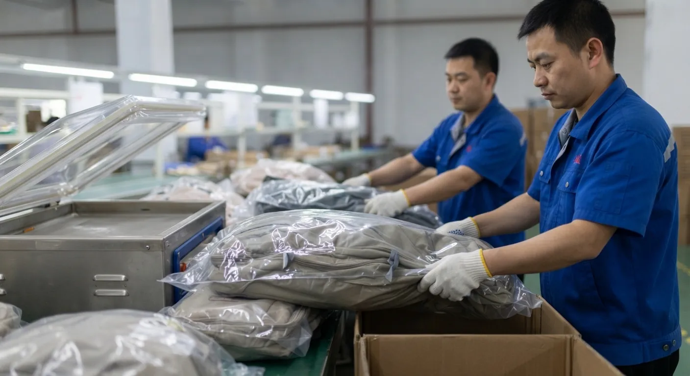 Workers vacuum-sealing compressed bags before packing them into cartons