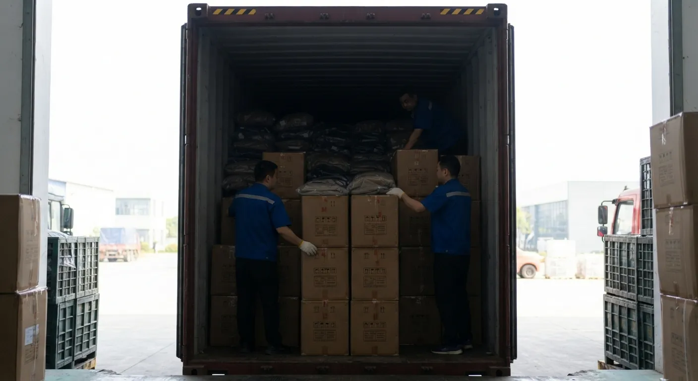 Workers loading cartons into a shipping container at the dock