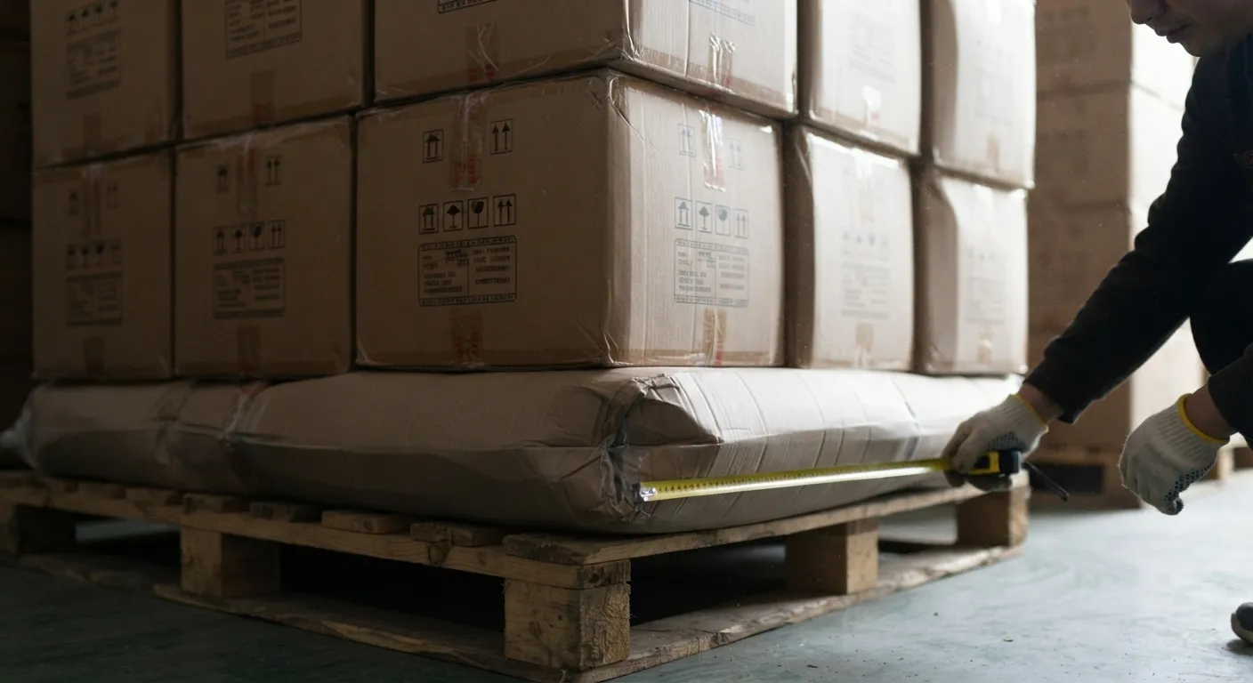 Worker checking carton dimensions on a wrapped pallet with a tape measure