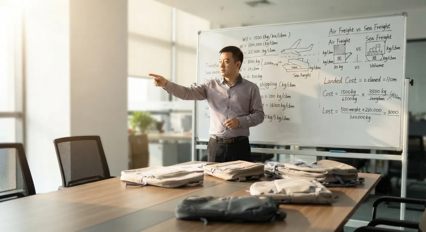 Sourcing manager explaining air versus sea freight costs at a whiteboard