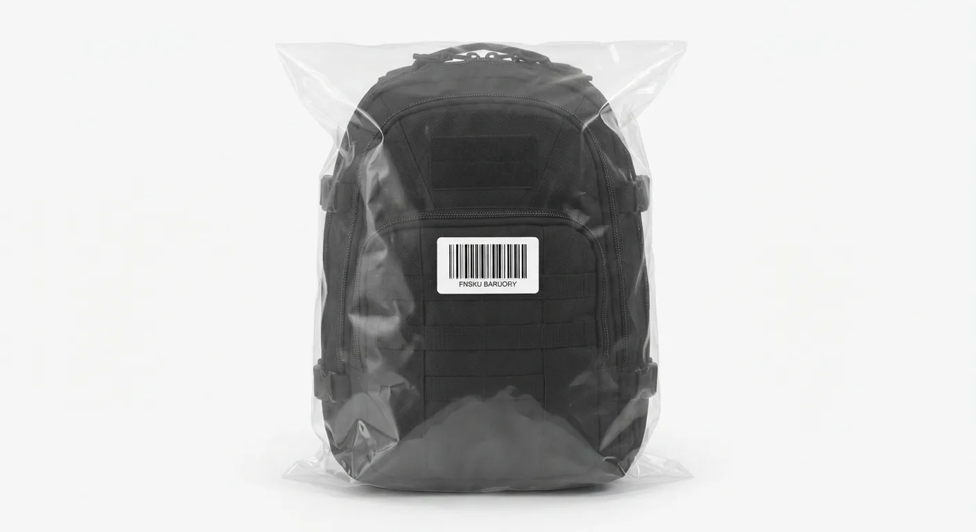 Black backpack sealed in a clear polybag with a scannable barcode label