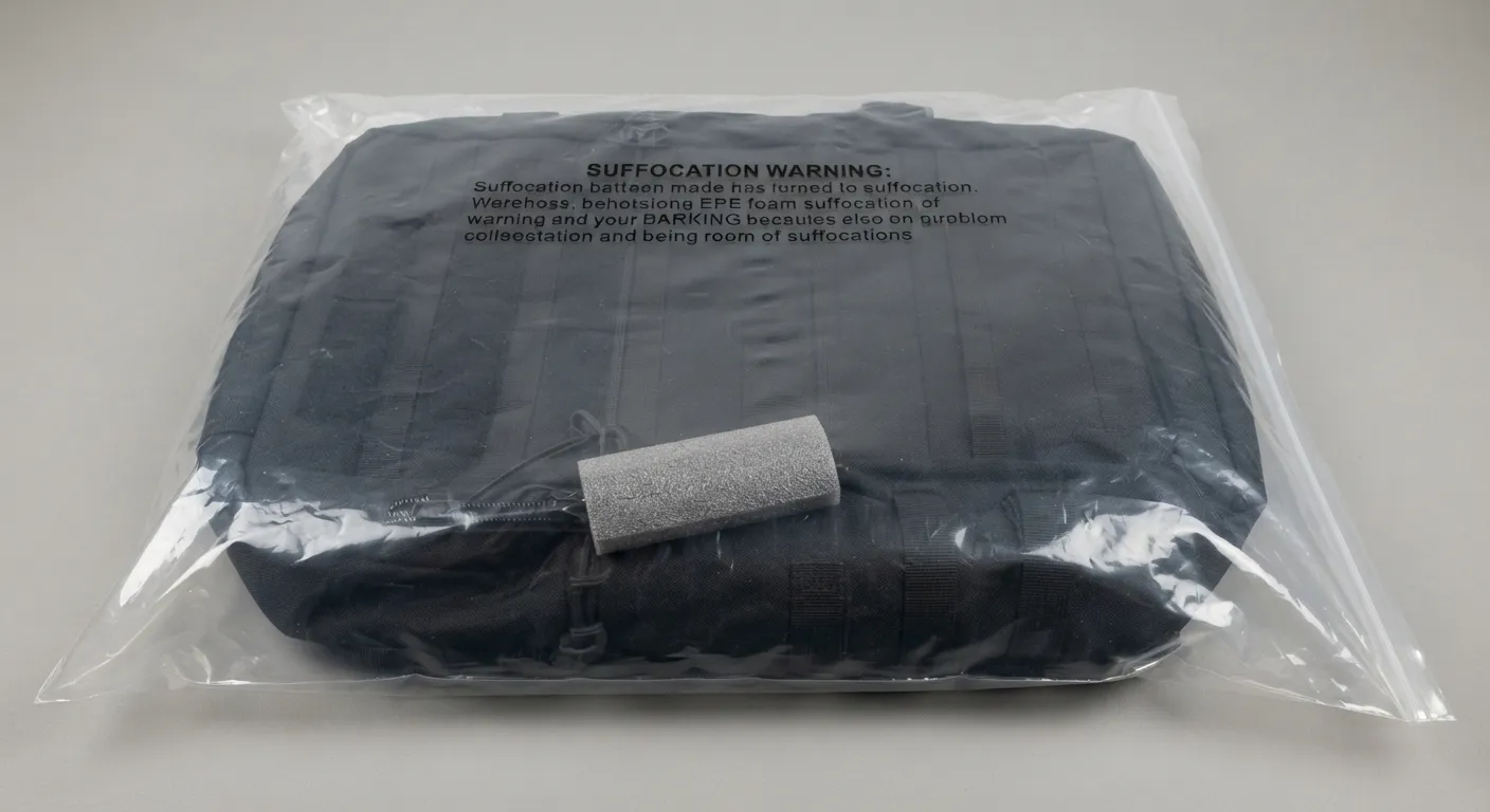 Black backpack vacuum-packed in a clear LDPE polybag sealed at the seam