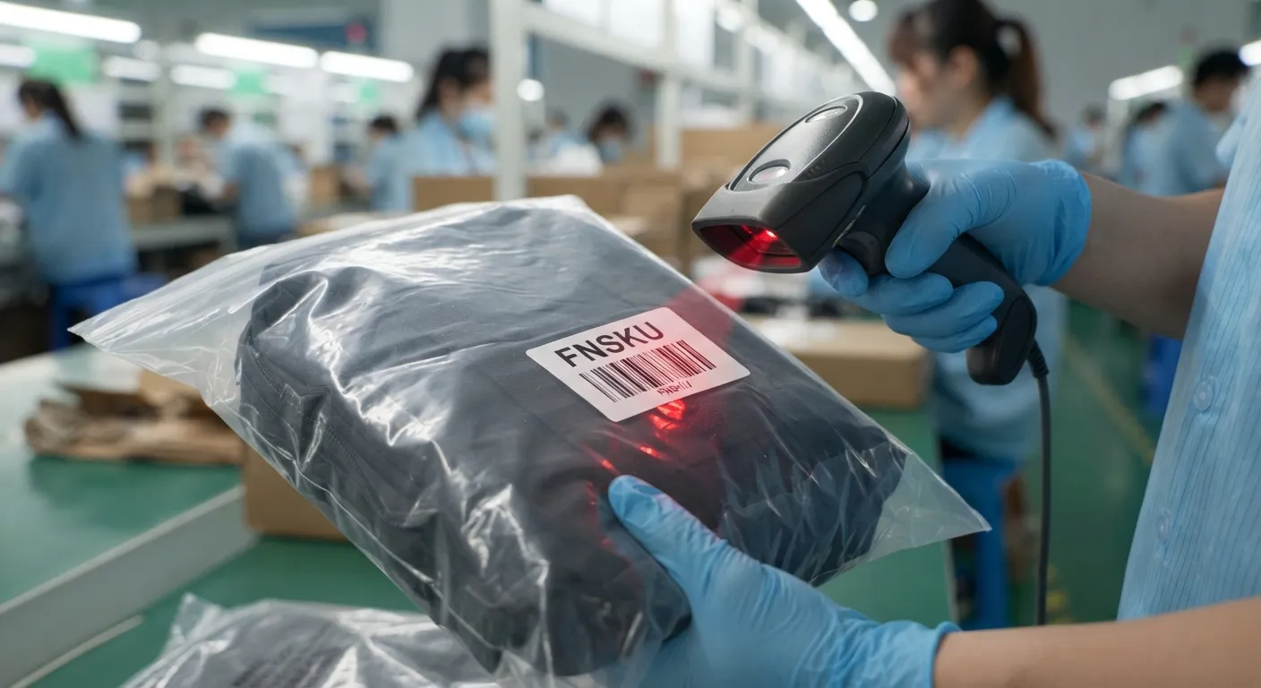 Factory worker applying an FNSKU label to a bagged backpack on a conveyor