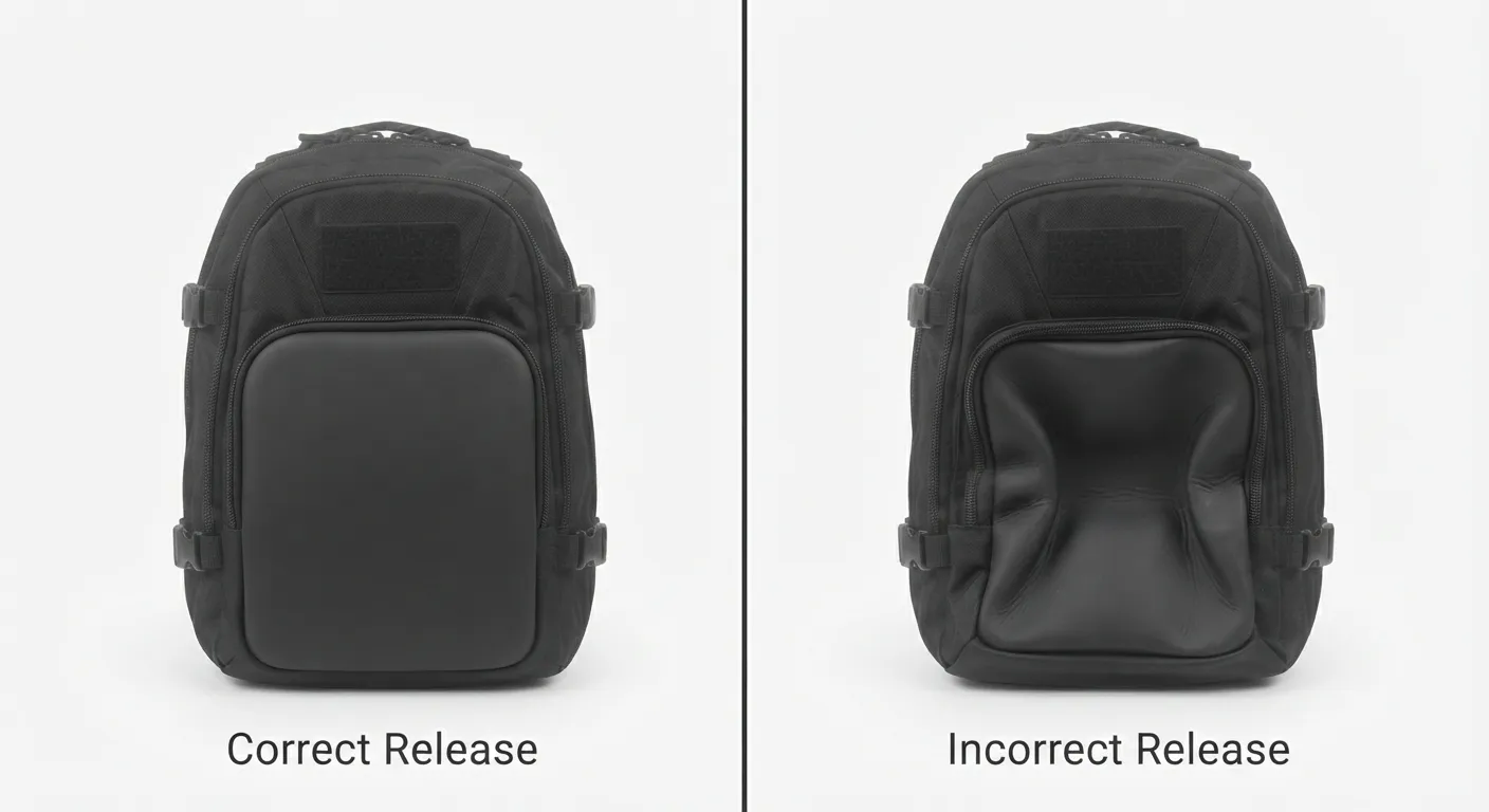 Side-by-side correct and incorrect compression release results for backpacks