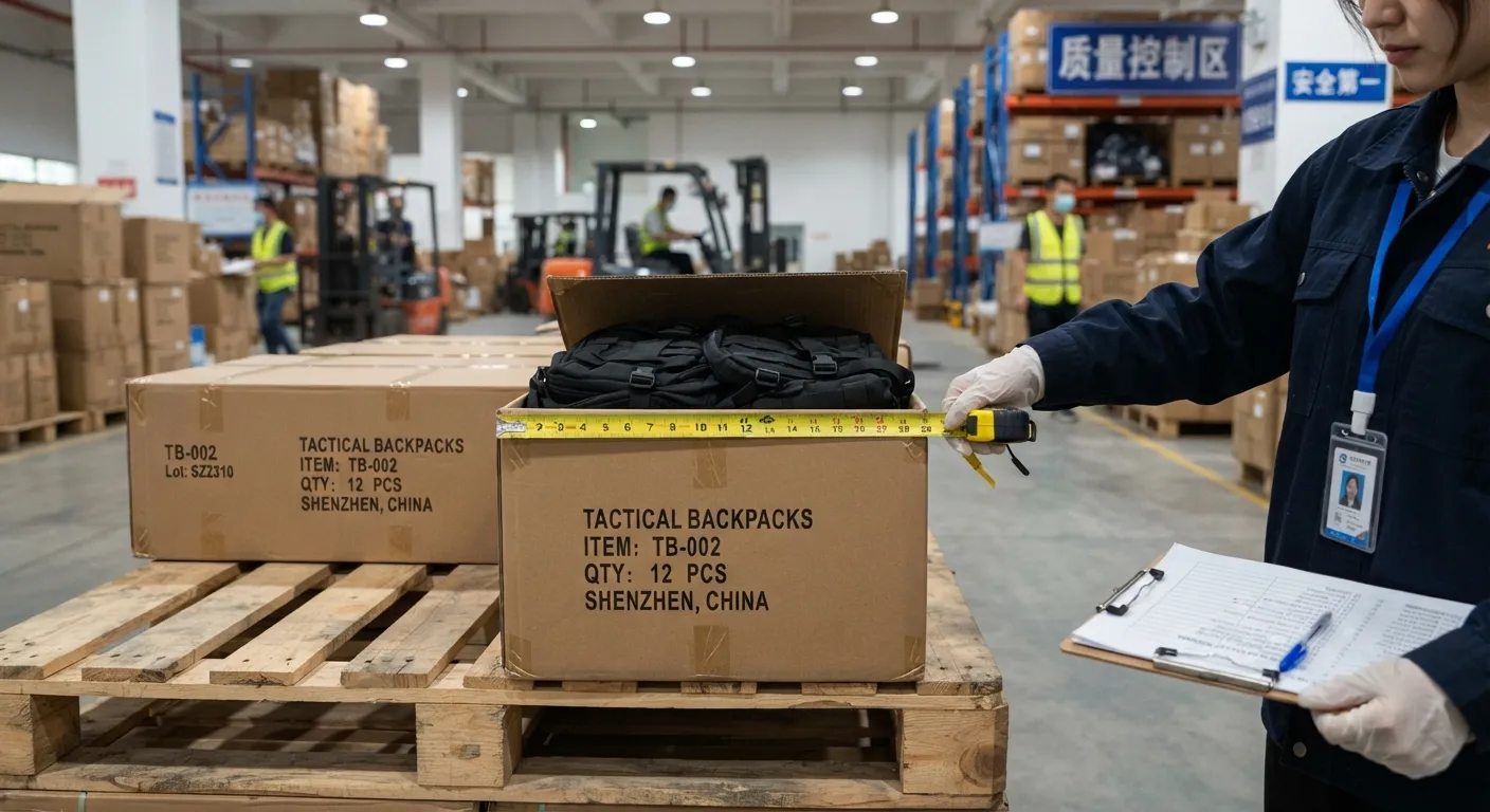 Warehouse worker checking a labeled master carton stacked on a pallet