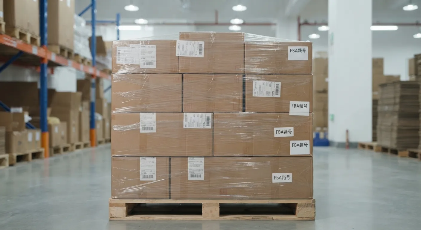 Palletized cartons stacked three high in a fulfillment warehouse aisle