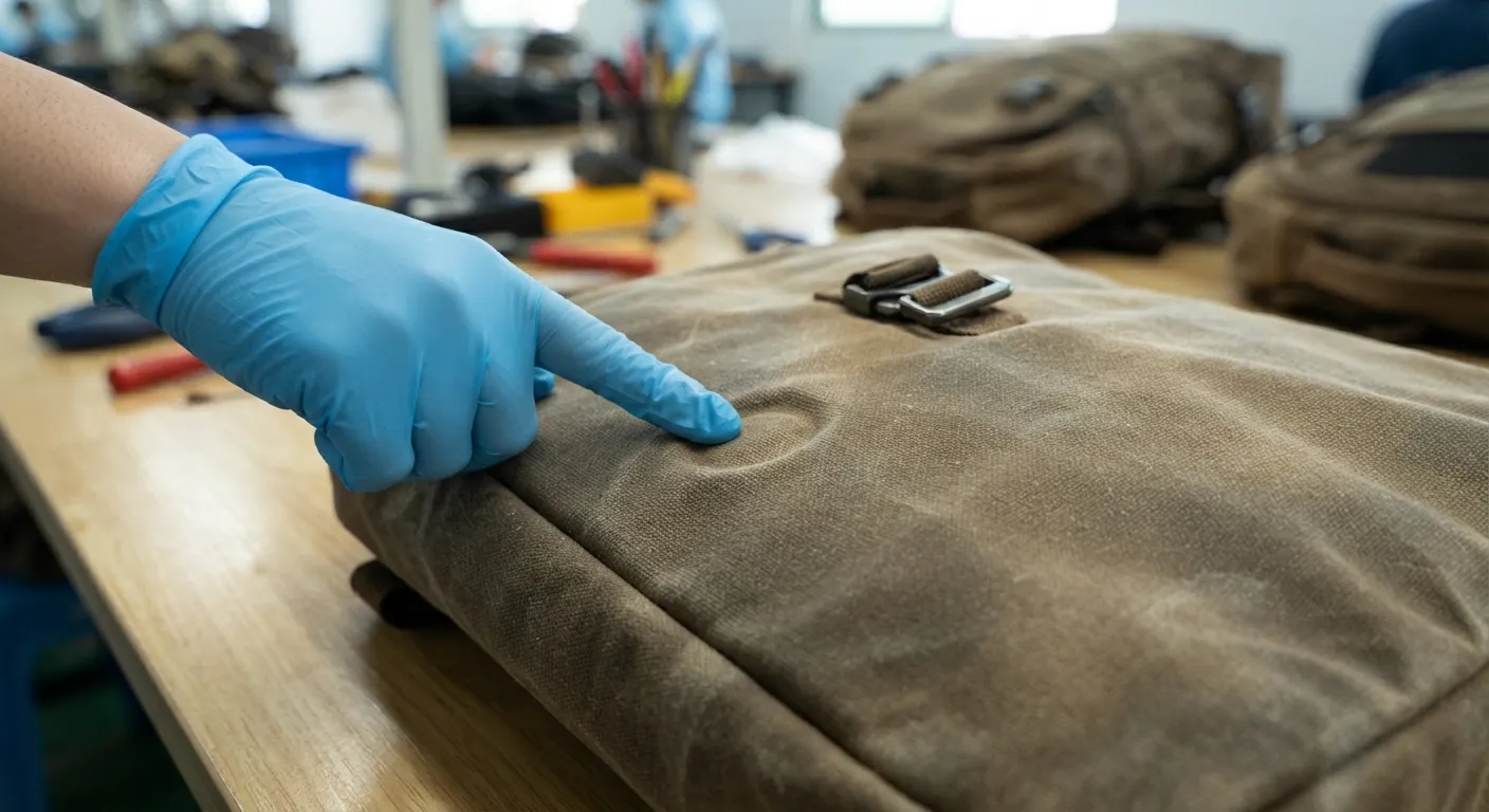 Gloved inspector checking a bag seam and buckle on a packing table