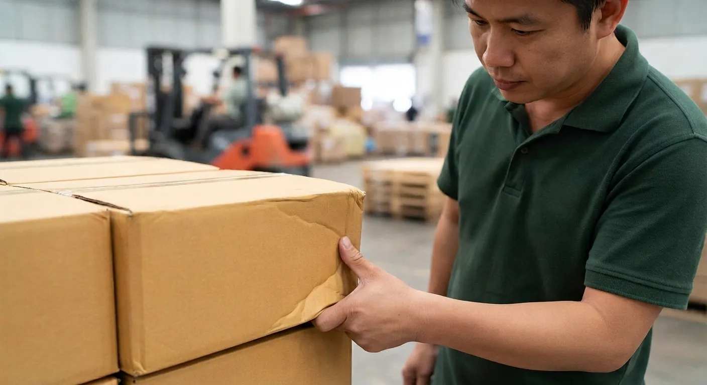 QC worker pressing the edge of a stacked carton to check for dampness