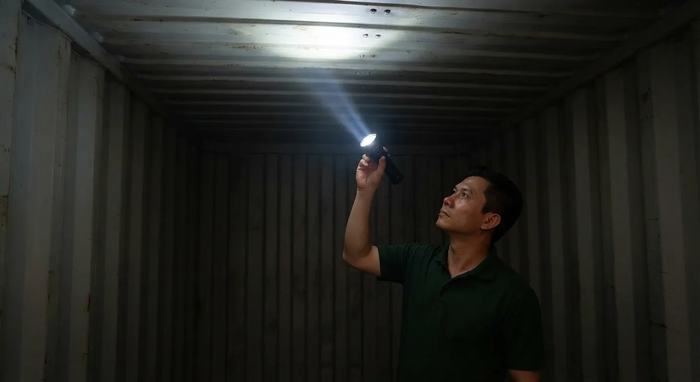 Inspector shining a flashlight along the roof seams of an empty shipping container