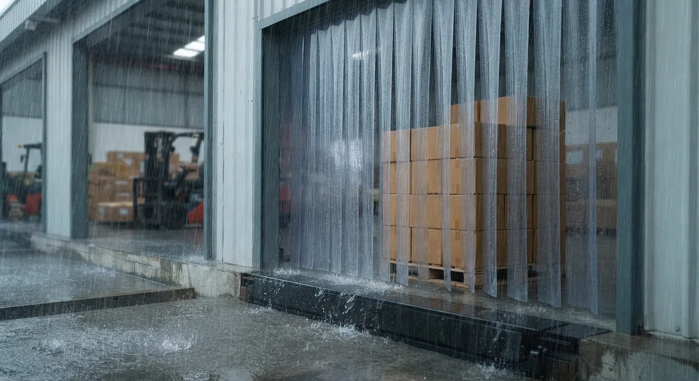Shipping container doors open on a rain-soaked loading dock