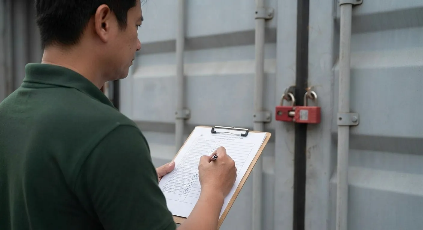 Worker logging readings on a clipboard beside a sealed container door with a red lock