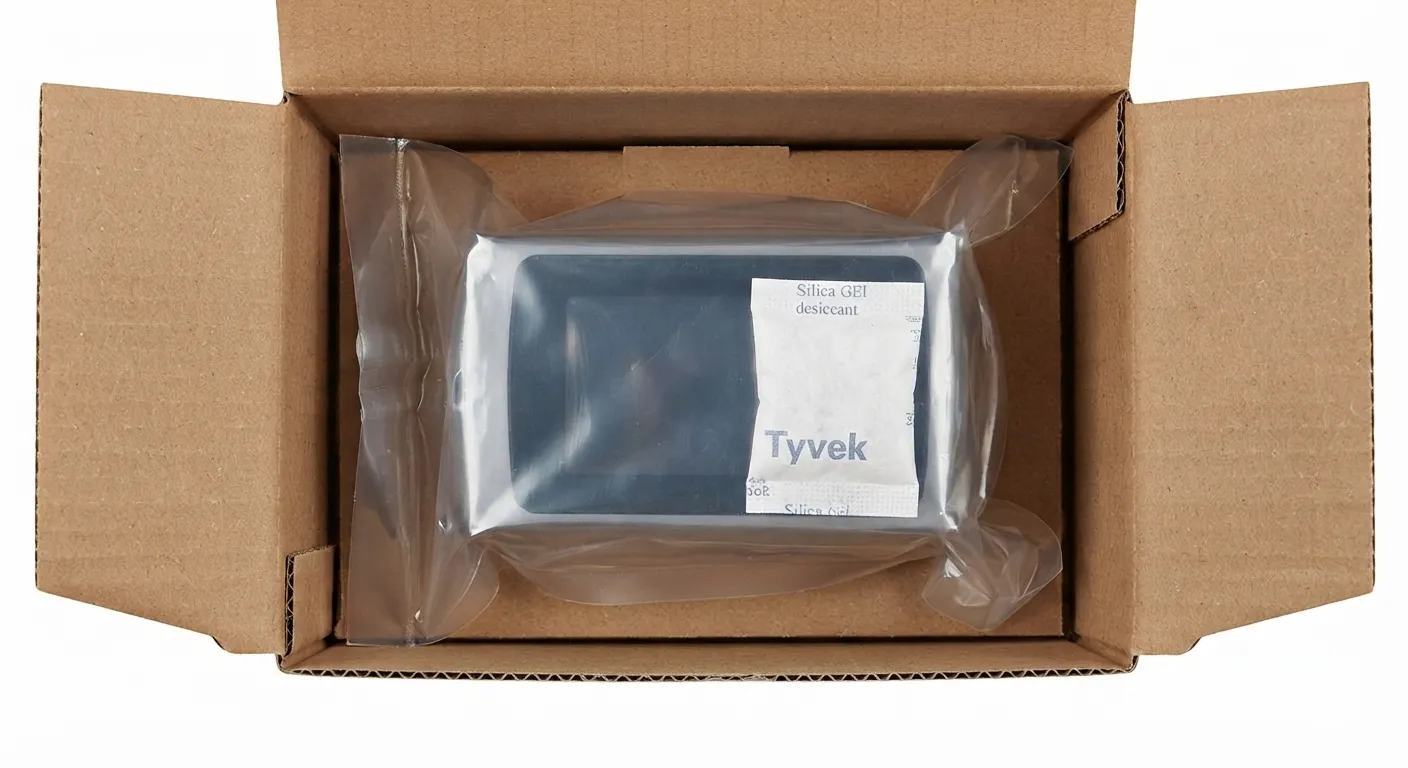 Open carton with a Tyvek-wrapped product ready for moisture inspection
