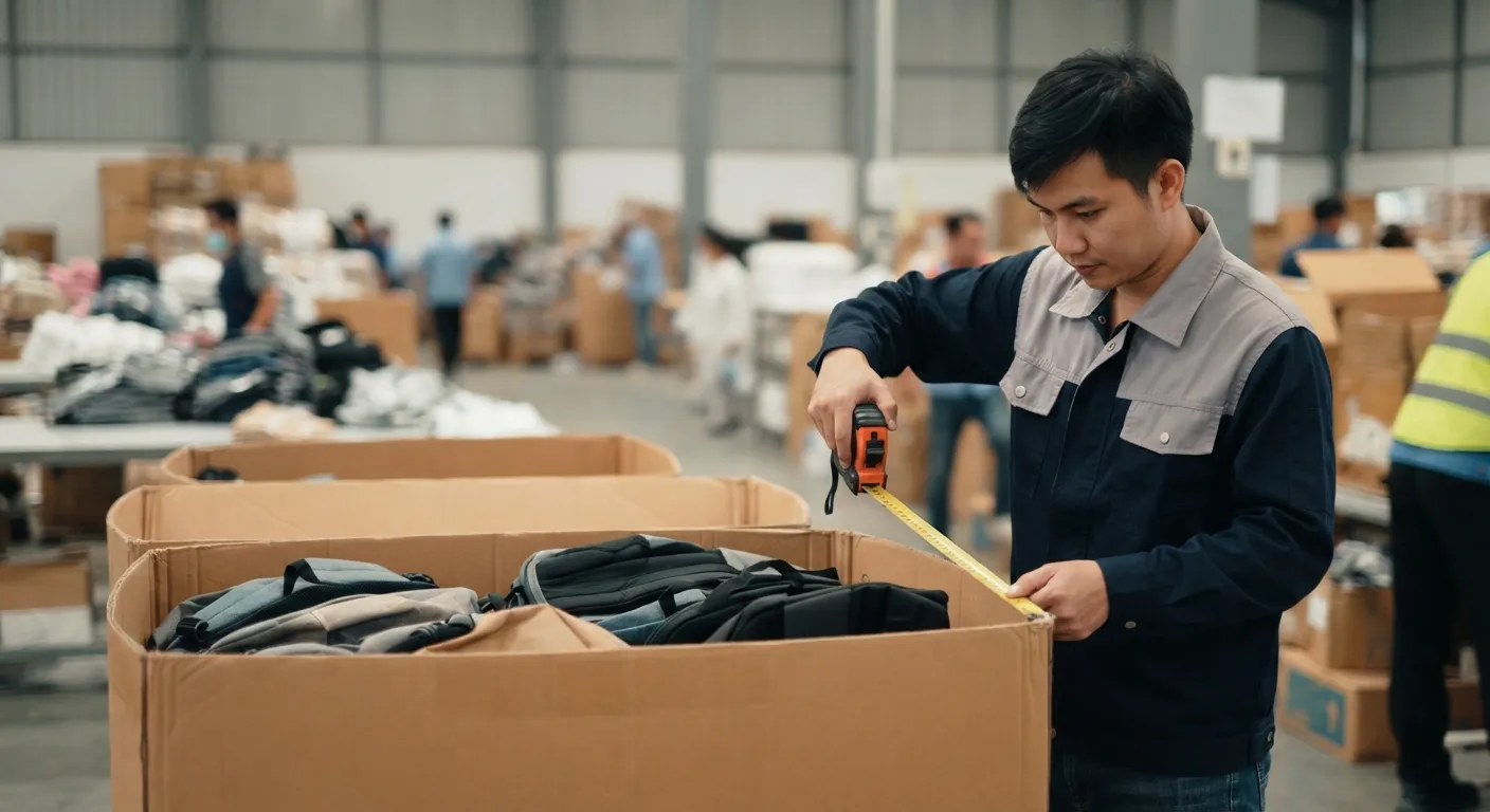 Factory worker measuring a packed carton of backpacks with a tape measure
