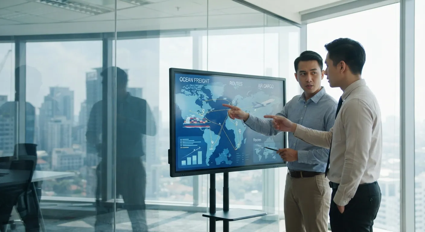 Managers comparing ocean freight and air cargo routes on an office screen