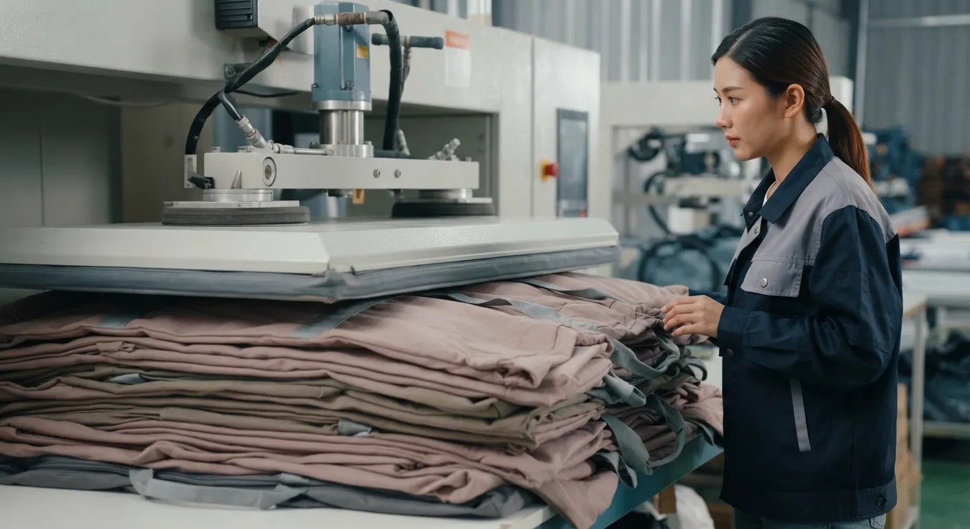 Worker compressing folded soft bags under a factory press