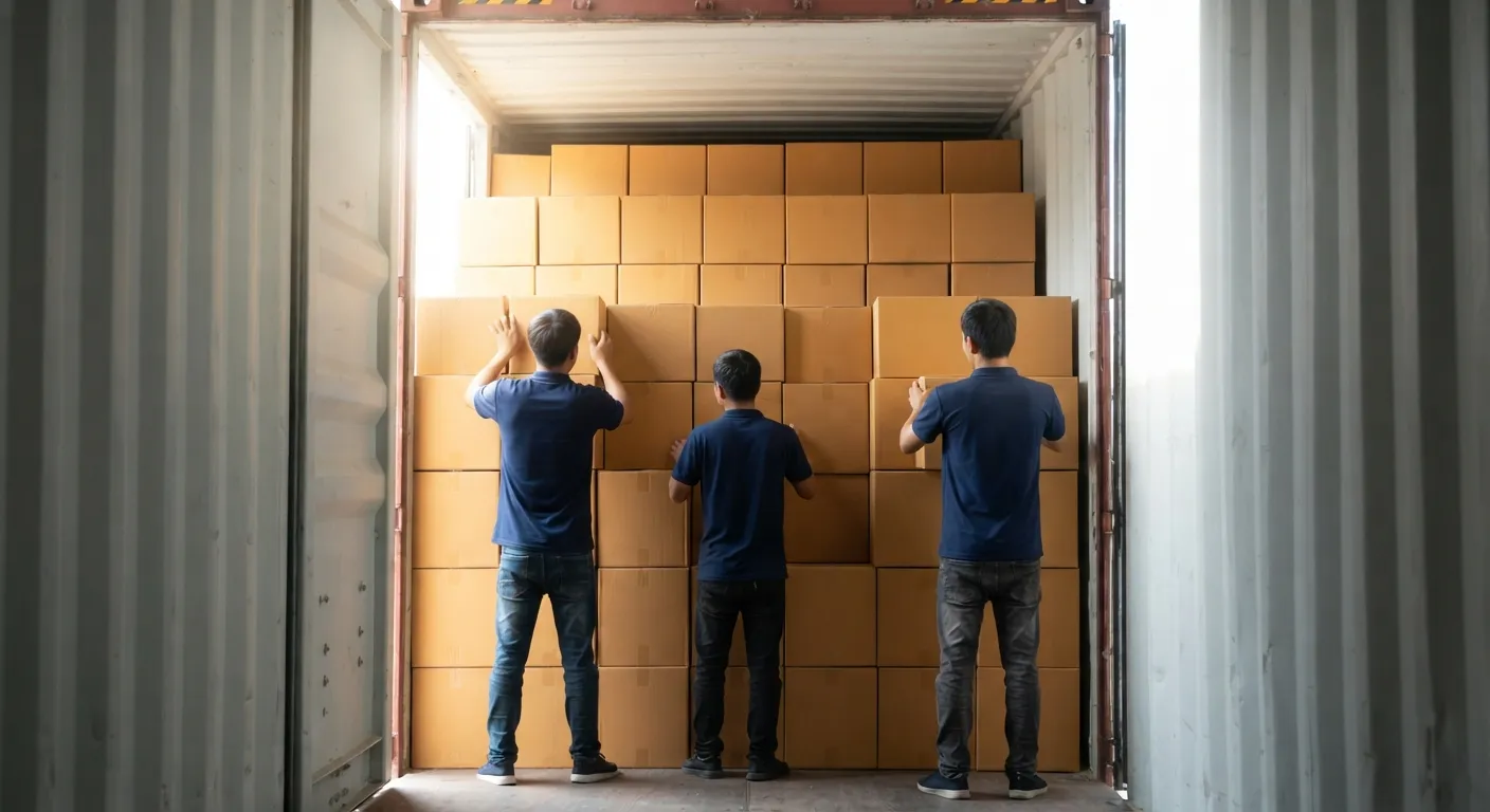 Workers loading cartons into a shipping container at the dock